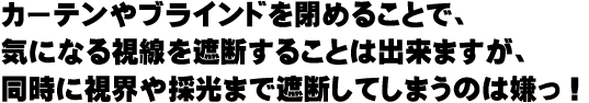 カーテンやブラインドを閉めることで、気になる視線を遮断することは出来ますが、同時に視界や採光まで遮断してしまうのは嫌っ！