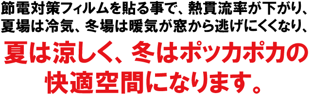 節電対策フィルムを貼る事で、熱貫流率が下がり、夏場は冷気、冬場は暖気が窓から逃げにくくなり、夏は涼しく、冬はポッカポカの快適空間になります。